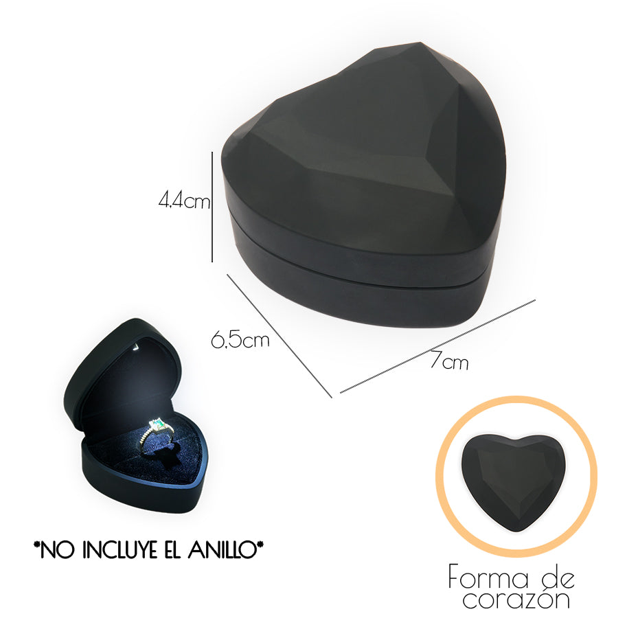 Estuche De Lujo Para Anillo Con Luz Led Corazon Negro